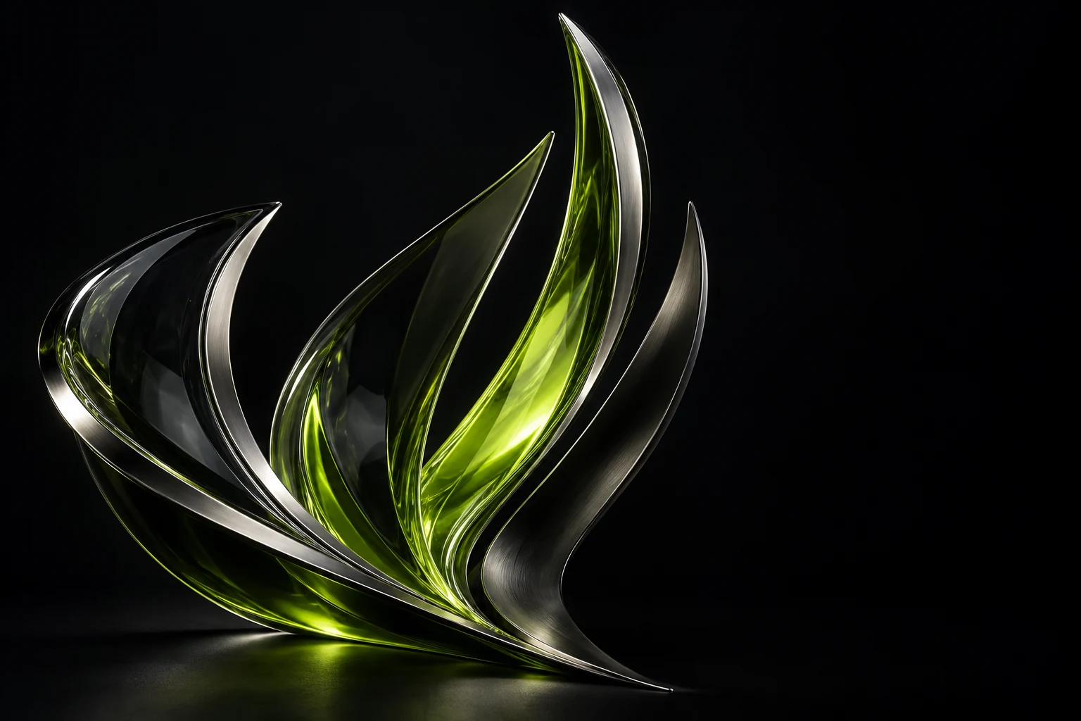 Convergence, sculpture de verre vert et de métal poli sur fond noir, création visuelle Diamoria
