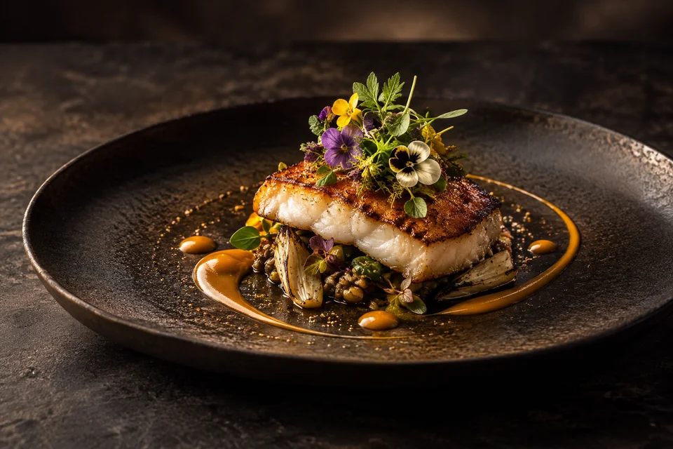 Création gastronomique, poisson doré, fleurs comestibles et sauce cuivrée sur une assiette artisanale