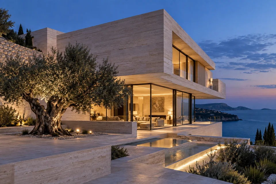 Villa sculpturale en travertin, baies vitrées éclairées et olivier face à la Méditerranée